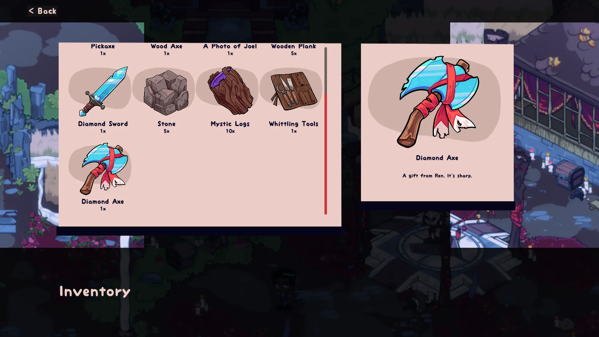 Official Heartfall inventory screenshot showing a photo of Joel and a diamond axe gift from Ren